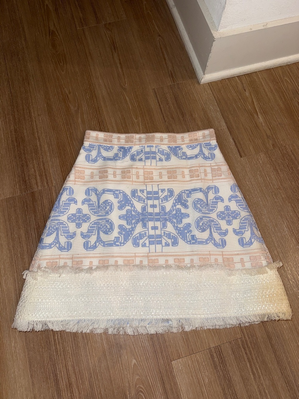 Alexis Blue and Cream Woven Fringe A-Line Skirt